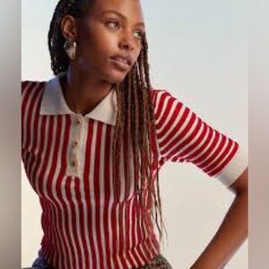 Mango Red and White Fitted Polo Shirt